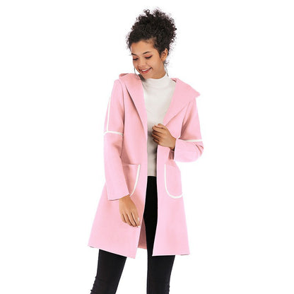 LOVEVOP trade autumn and winter 2025 women's clothing medium and long hooded warm thickened woolen coat contrasting color cardigan jacket women