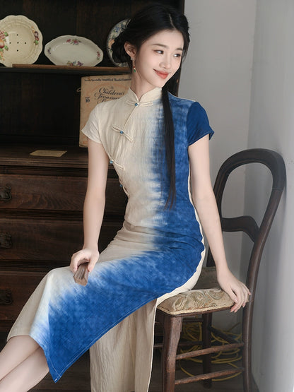 Republic of China style women's clothing new Chinese style beautiful cheongsam women daily can wear elegant gradual change blue retro cotton and linen dress