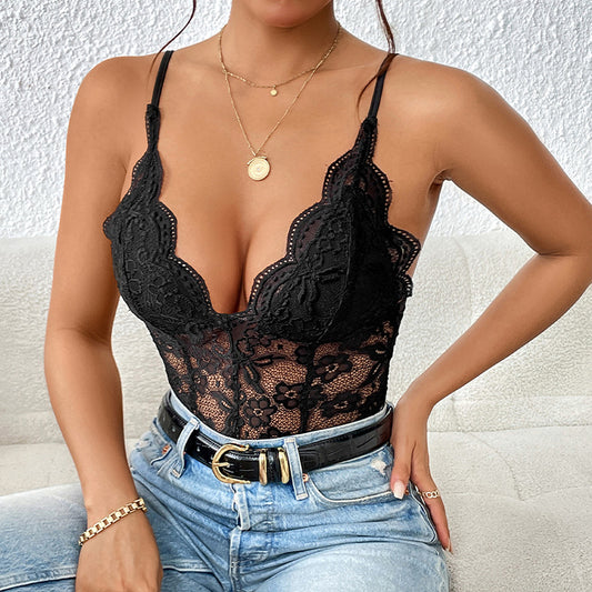 LOVEVOP 2025  2025 trade women's clothing lace splicing suspender jumpsuit summer new sexy Spice Girl V-neck jumpsuit