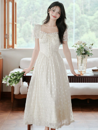 seaside vacation white moonlight dress women's summer high-end jacquard temperament lace long dress first love small white dress