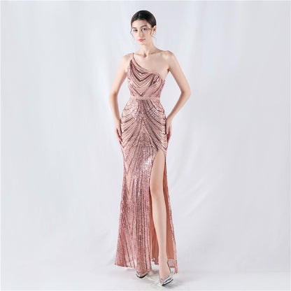 32076 #Popular trade new dress positioning flower bead piece heavy industry nail bead high fork shoulder evening dress