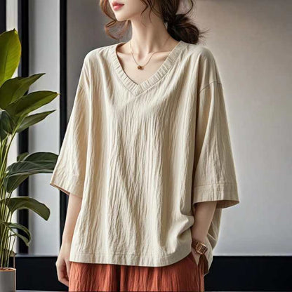 summer new loose and versatile large size seven-quarter sleeve temperament V-neck T-shirt fat mm literary top bottoming shirt women