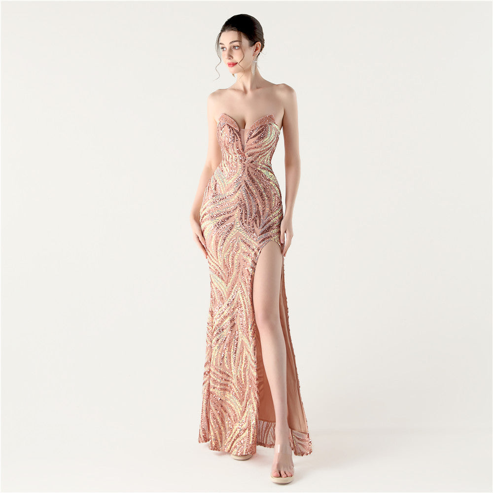 33257 #2025 New Craft Beaded Sequins Chest Wrap Slim Waist Design Dinner Party Evening Dress