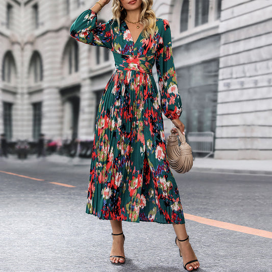 LOVEVOP independent station foreign trade pleated long dress Hot autumn new 2025 women's cross-border printing long-sleeved jumpsuit