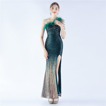 31321 #new product popular gradual change bead process beading ostrich hair oblique collar shoulder long evening dress