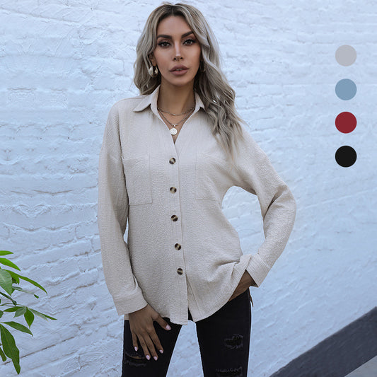 LOVEVOP Cross-border retro lapel shirt 2025 solid color long-sleeved jacket casual cardigan women's autumn suit collar shirt wholesale