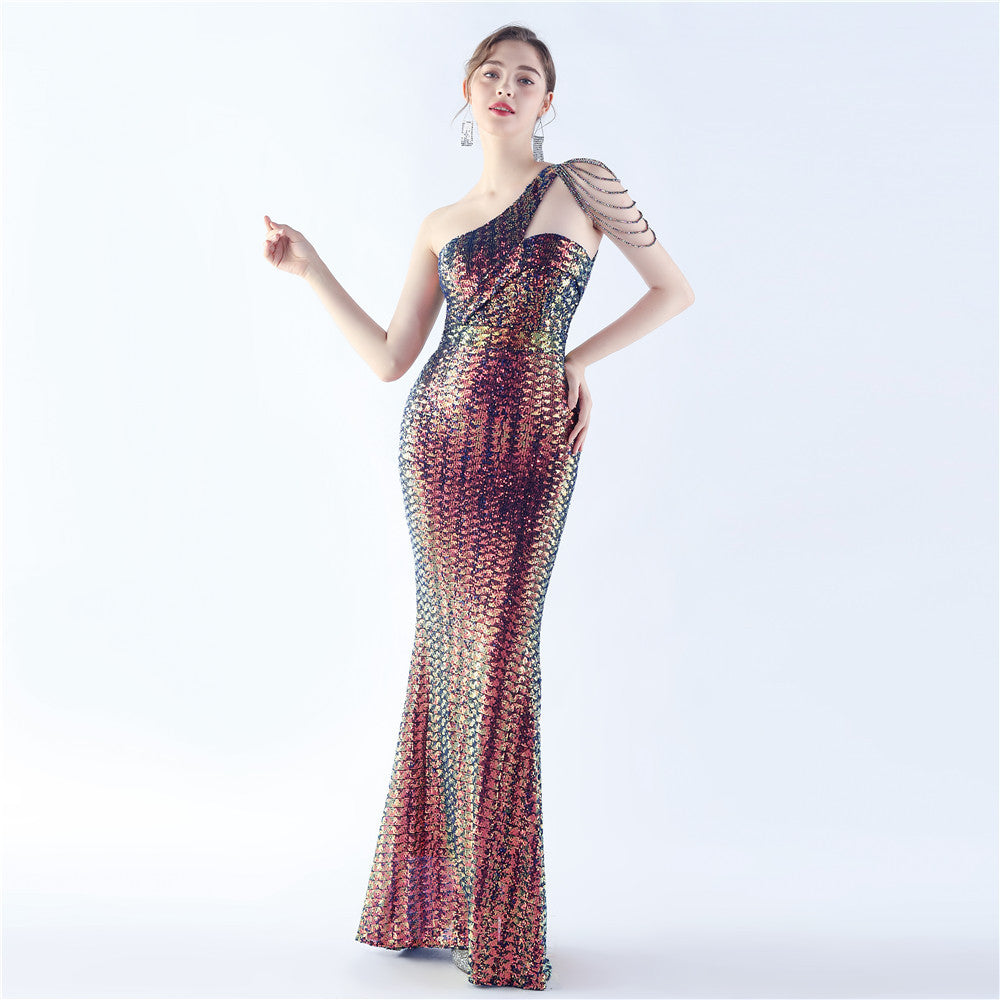31357 #Hot Trade popular New Symphony Bead Craft Bead Shoulder Slant Neck High-end Slim Evening Dress