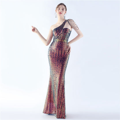 31357 #Hot Trade popular New Symphony Bead Craft Bead Shoulder Slant Neck High-end Slim Evening Dress