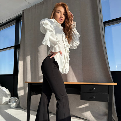 Commuter temperament white chiffon ruffle edge horn sleeve V-neck lace-up versatile shirt autumn fashion shirt women