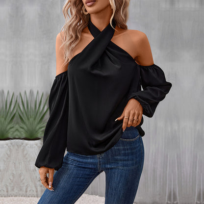 LOVEVOP New Hot Trade Shirt Hot Autumn New 2025 Women's Clothing Cross-border Neck Shoulder Long Sleeve Shirt