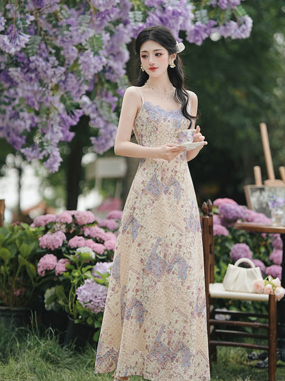 Huge good-looking  lace floral dress temperament beautiful long dress children's vacation style suspender and cardigan set