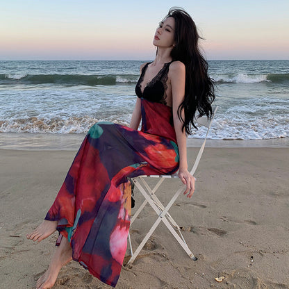 2025 New  pure desire vacation style lace splicing sexy V-neck backless dress high waist suspender dress