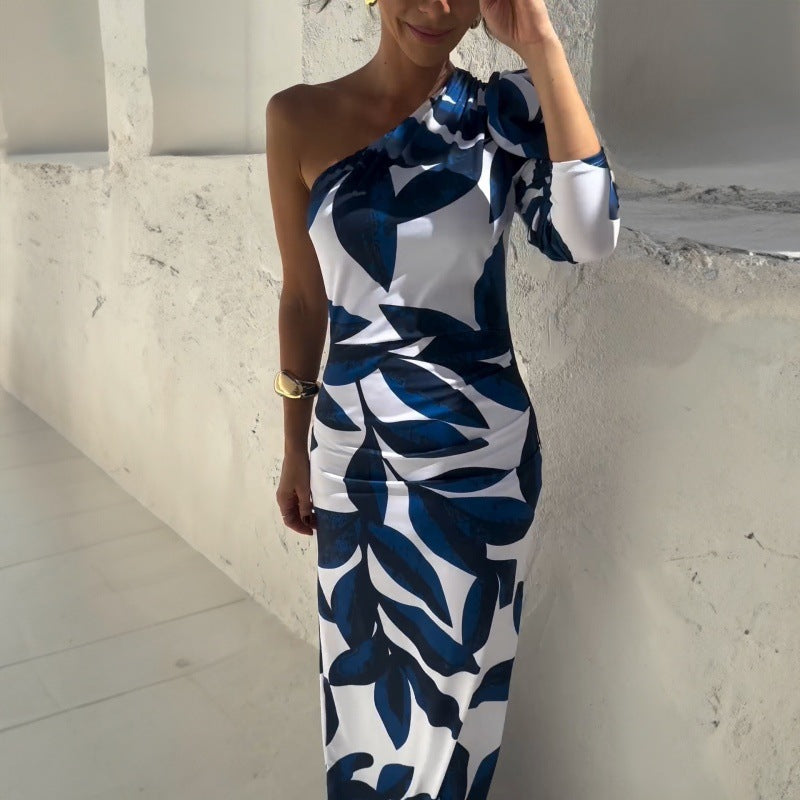 LOVEVOP 2025 cross-border women's clothing Hot summer new trend printing diagonal neck bubble sleeve fashion split-ended long dress