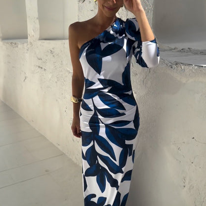 LOVEVOP 2025 cross-border women's clothing Hot summer new trend printing diagonal neck bubble sleeve fashion split-ended long dress