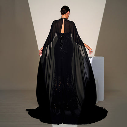 2025 high-end temperament neck long sequined mesh shawl banquet evening dress bridesmaid dress women