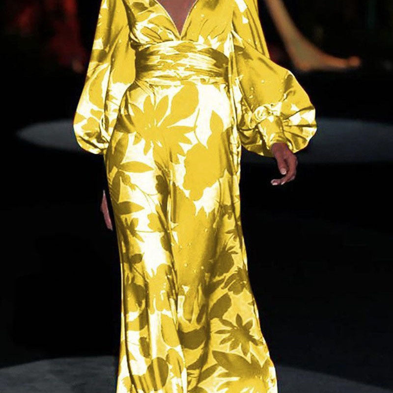 2025 new New  2025 women's dress slim lantern sleeve fashion printed V-neck dress