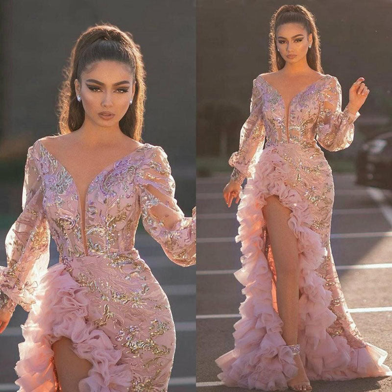 2025 autumn 2025 new New women's clothing independent station sexy mesh trailing sequins split pink evening dress