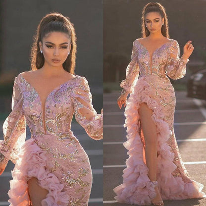 2025 autumn 2025 new New women's clothing independent station sexy mesh trailing sequins split pink evening dress