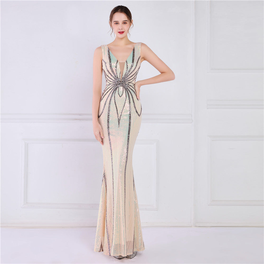19025 #Positioning flower bead banquet elegant long sleeveless sequin aura queen fishtail skirt slim fishtail skirt