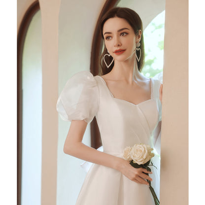 White bubble sleeve bridal light wedding dress princess temperament performance catwalk art test chorus host long evening dress