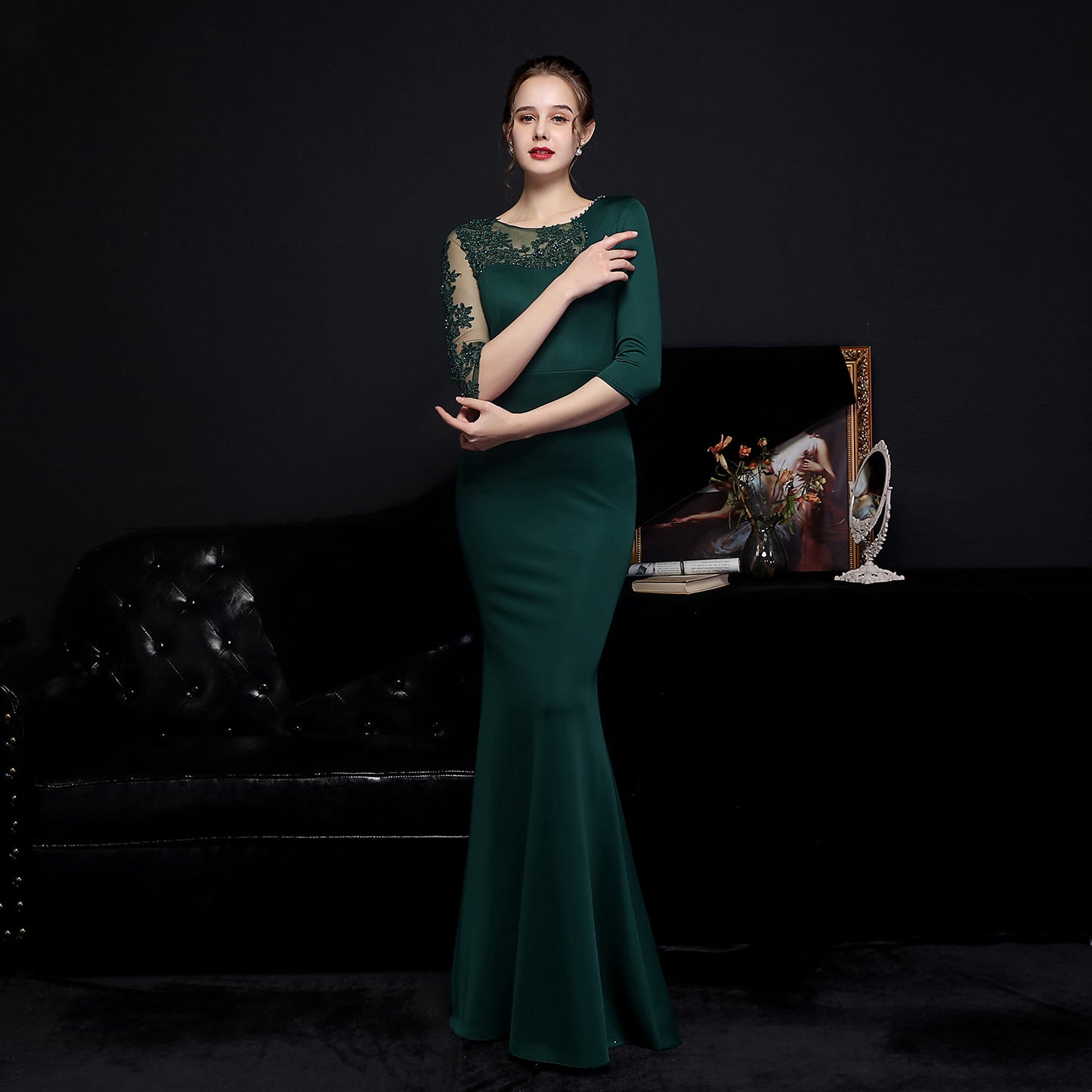 18586 #Full-craft lace ironing Popularan diamond toast dress bride long-sleeved thank you banquet fish tail evening dress