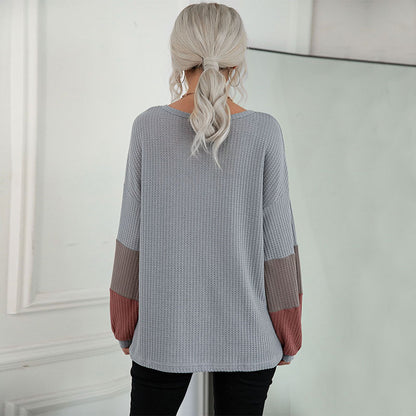 LOVEVOP New  Hot Trade popular New 2025 Autumn Color Matching Long Sleeve Gray V-Neck Knitted Sweater