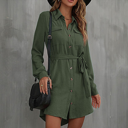 LOVEVOP Cross-border  Hot autumn 2025 cardigan shirt lapel women's commuter lace-up shirt dress