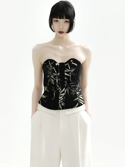 APOZi collection [ink reset] new Chinese golden bamboo two-color tube top thin backless top women