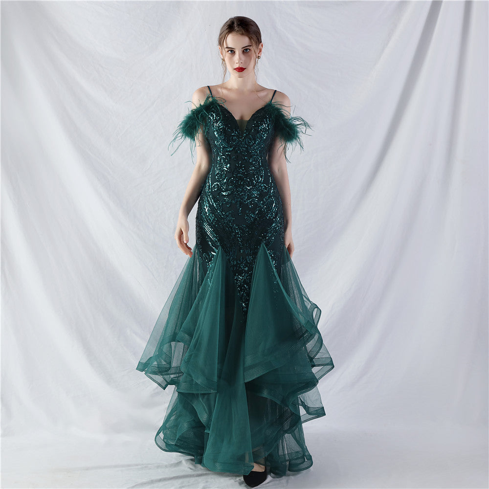 31983 #New craft order ostrich hair hard mesh positioning flower beads splicing mesh yarn dance performance dress skirt