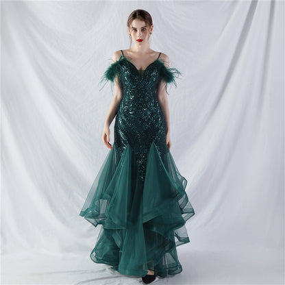 31983 #New craft order ostrich hair hard mesh positioning flower beads splicing mesh yarn dance performance dress skirt