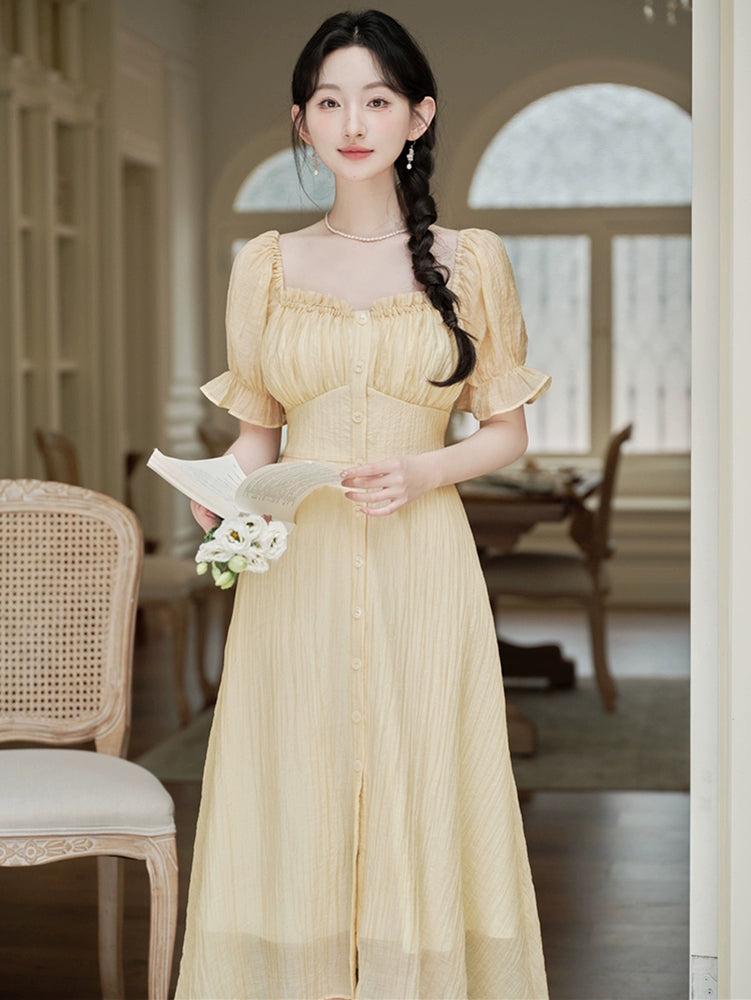 Summer great-looking skirt romantic  bubble sleeve yellow dress women's summer waist slim A-shaped dress
