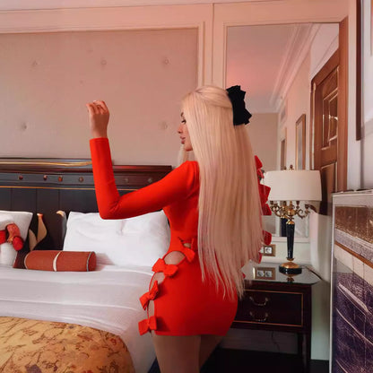 LOVEVOP Red hollow bow long-sleeved bandage dress  women's clothing new sexy New short skirt early autumn