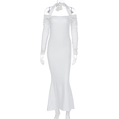 LOVEVOP 2025 women's clothing Hot autumn and winter new fashion personalized slim-fitting neck long-sleeved lace-up shoulder dress wholesale