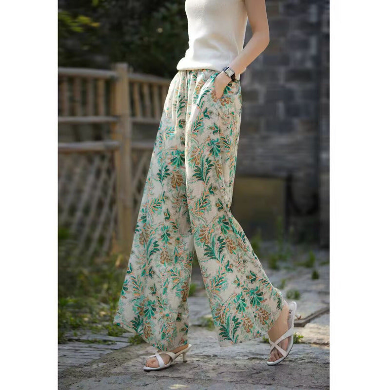 Green literary and retro floral wide-leg pants women's summer  new seaside vacation cotton and linen loose pants