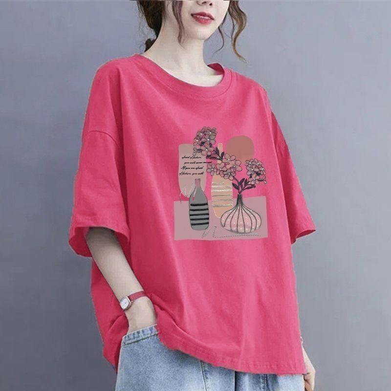 100Kg large size fat MM thin summer loose round neck T-shirt versatile short-sleeved top printed casual T-shirt women