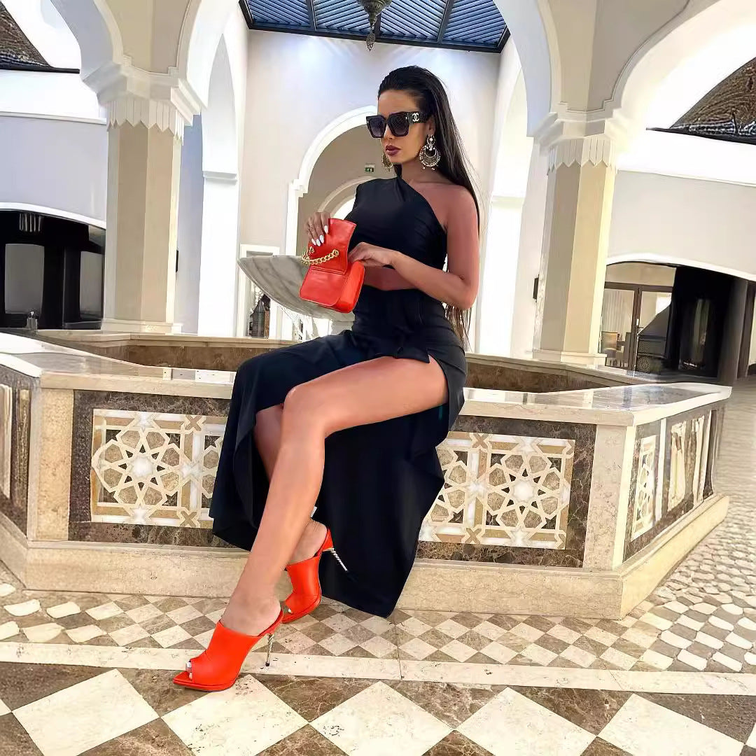 LOVEVOP 2023 new black long-sleeved hollow waist split fork  women's elastic dress slanted shoulder autumn and winter dress