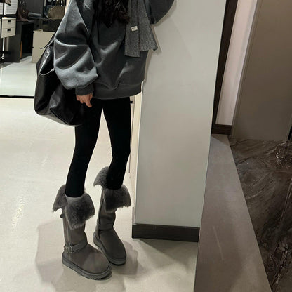 2025  Gray snow boots women's popular new retro two-wear medium tube velvet but knee knight boots
