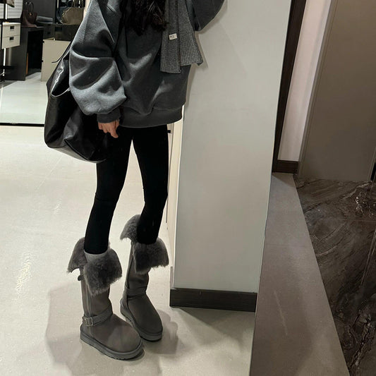 2025  Gray snow boots women's popular new retro two-wear medium tube velvet but knee knight boots