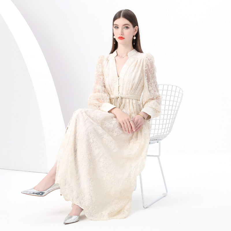 style elegant V-neck single-breasted heavy industry crochet embroidery lantern sleeve lace-up waist pendulum long dress