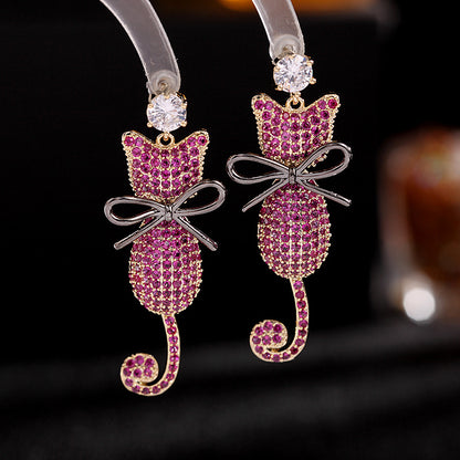 2025 Korean color zircon earrings women's wholesale 925 silver needle personalized animal earrings cute bow cat earrings