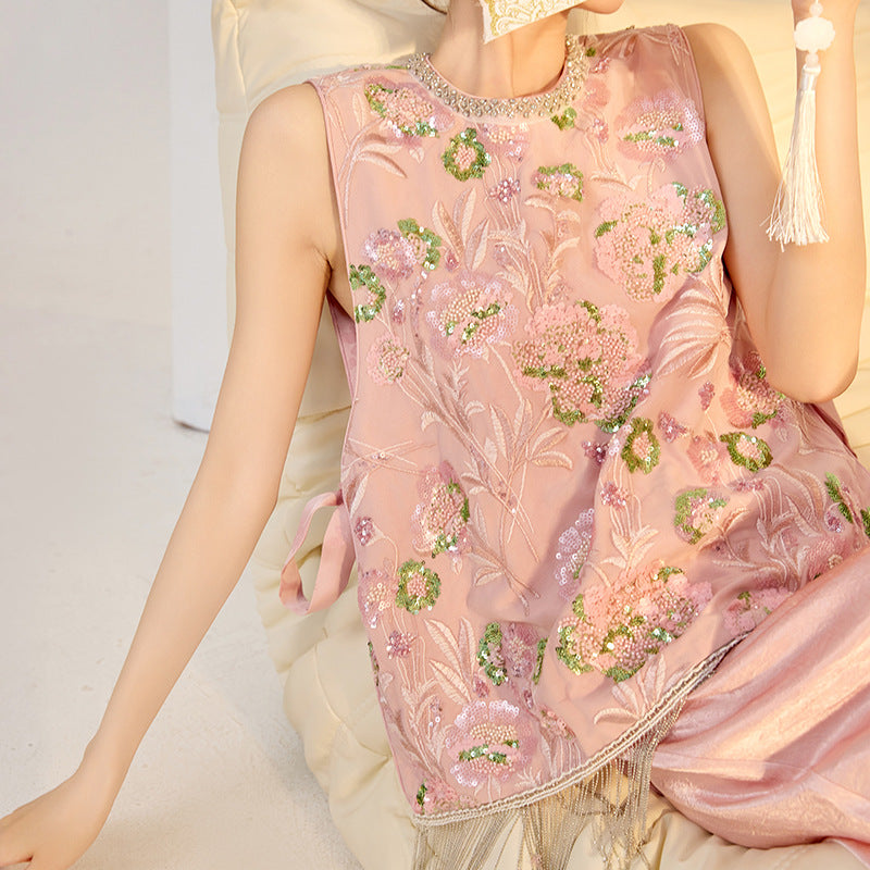 summer new Chinese heavy industry embroidery sleeveless national style temperament neckline diamond inlaid fashion vest women M6100