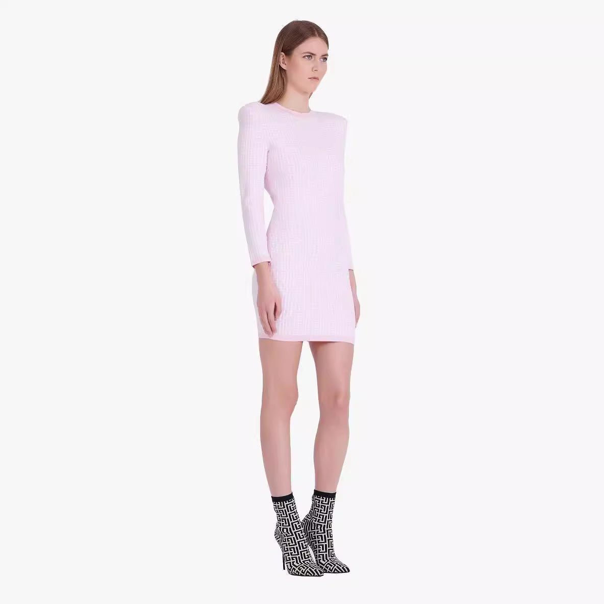 LOVEVOP  autumn and winter pink long-sleeved jacquard knitted elastic  hip wrap  dress high-end bandage women's clothing