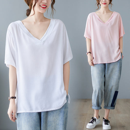 summer new call fashion solid color simple large size shirt women solid color short sleeve V neck irregular top women