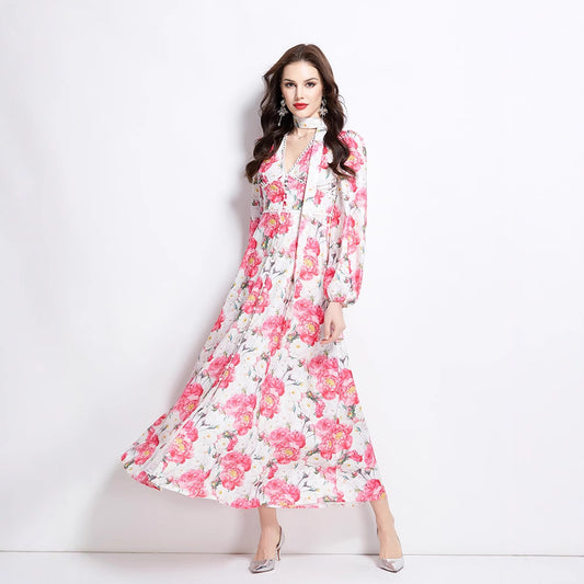 Spring  high-end straps waist deep V-neck lace long-sleeved single-breasted printed pendulum dress