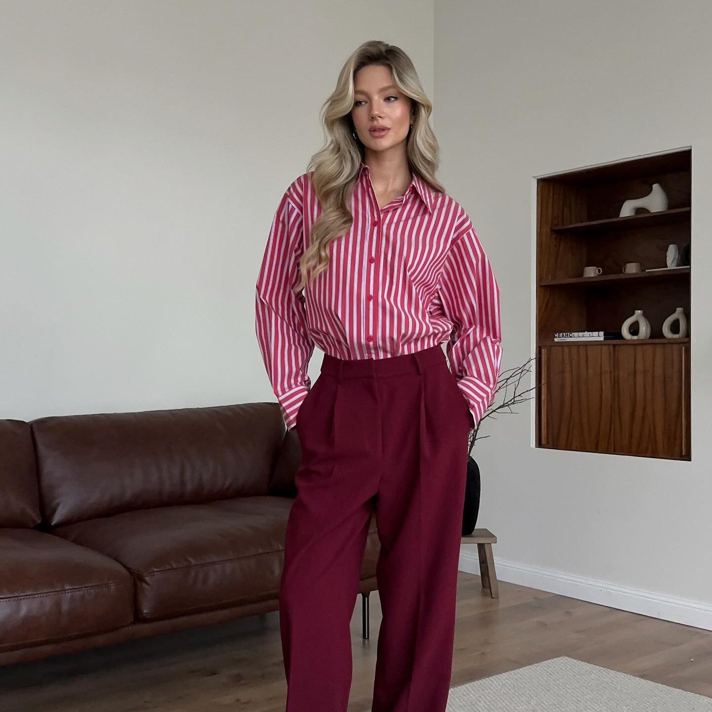 New new red striped shirt niche design British women's long-sleeved women's lining