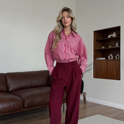 New new red striped shirt niche design British women's long-sleeved women's lining