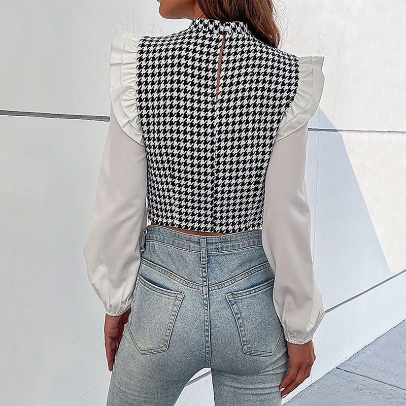 LOVEVOP Cross-border  Hot autumn new 2025 short thousand bird grid top long-sleeved ruffle edge splicing shirt women