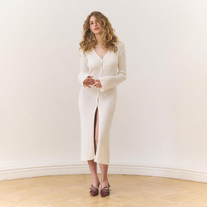 elegance temperament V-neck long knitted sweater women's early spring new wear open-ended long-sleeved knitted jacket