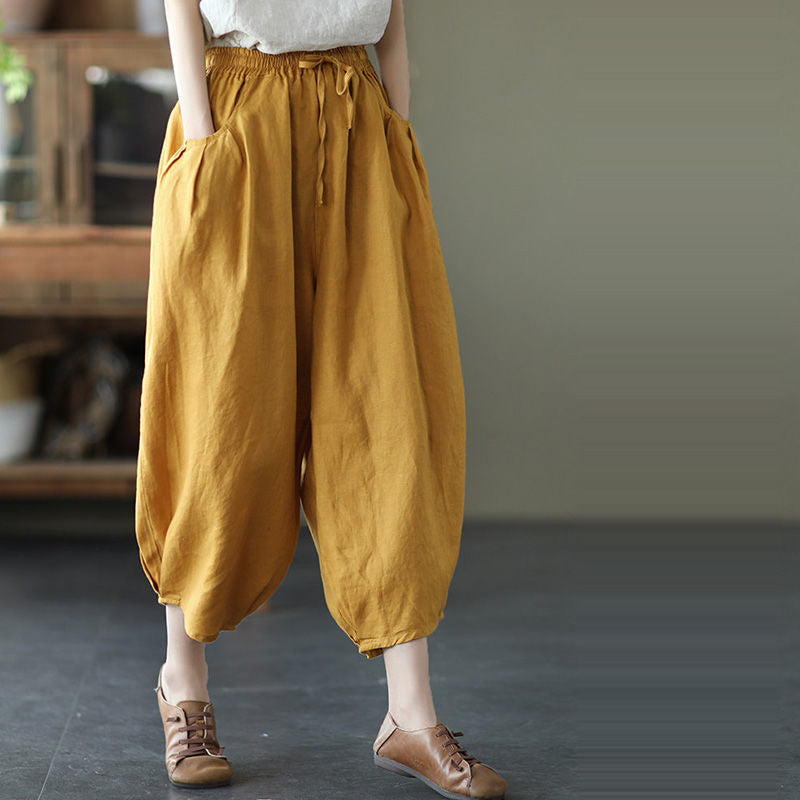 summer new Korean version of Popular style solid color simple large size loose and thin casual versatile nine-point Harlan pants women