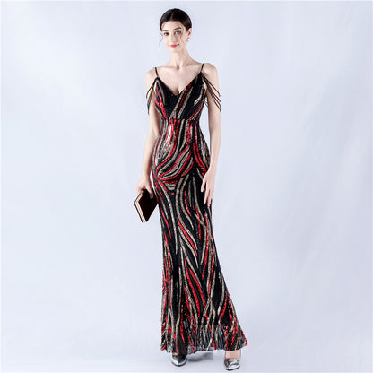 33028 #Hot trade new sequined striped color matching slim-fitting dinner host annual meeting suspender long dress women